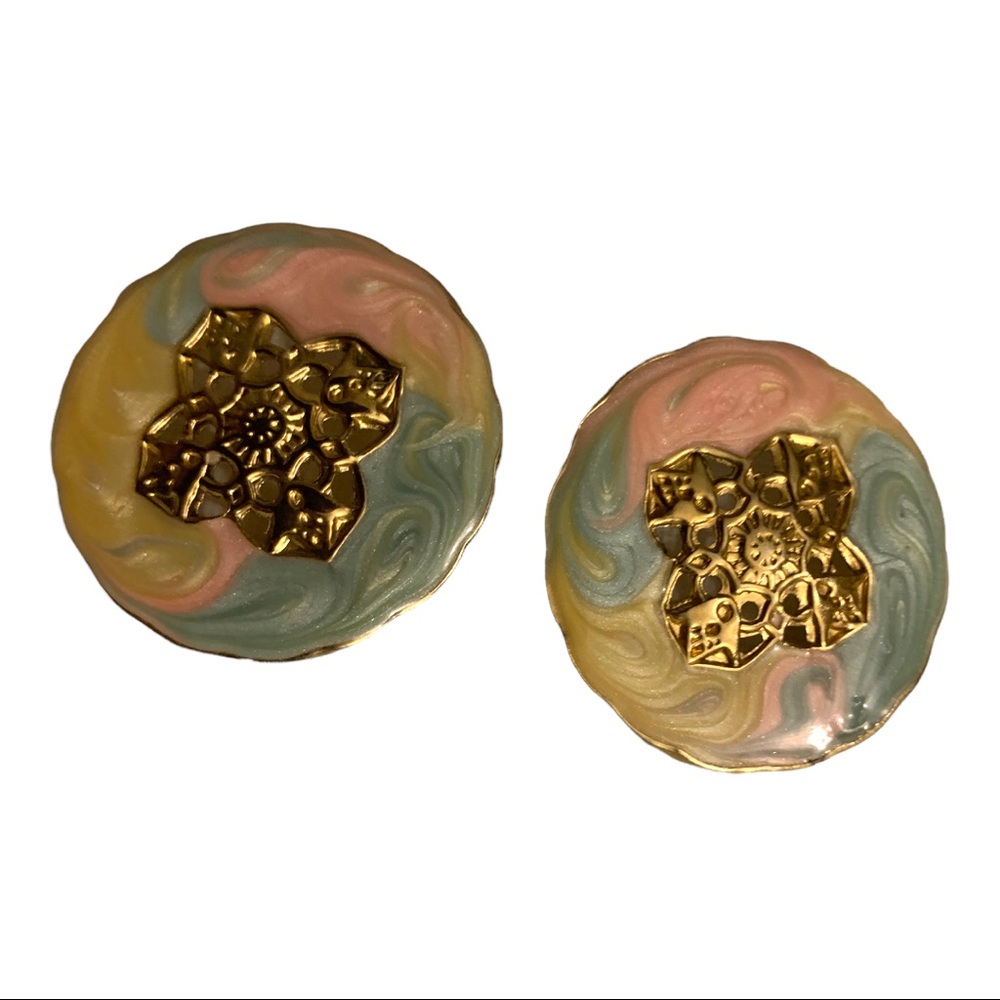 Vintage Y2K Resin Ceramic Button Rainbow Swirl Gold Stud Earrings Jewelry